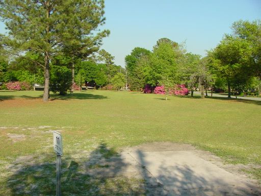 Tee box view for Hole #11 (#2) at Park Circle Disc Golf Course.