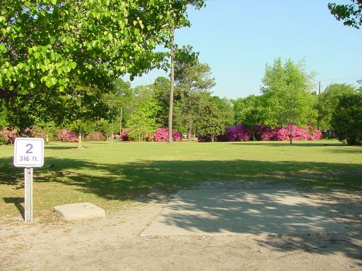 Tee box for Hole #2 (#11) at Park Circle Disc Golf Course.