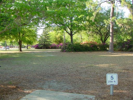 Tee box view of Hole #5 (#14) at Park Circle Disc Golf Course.